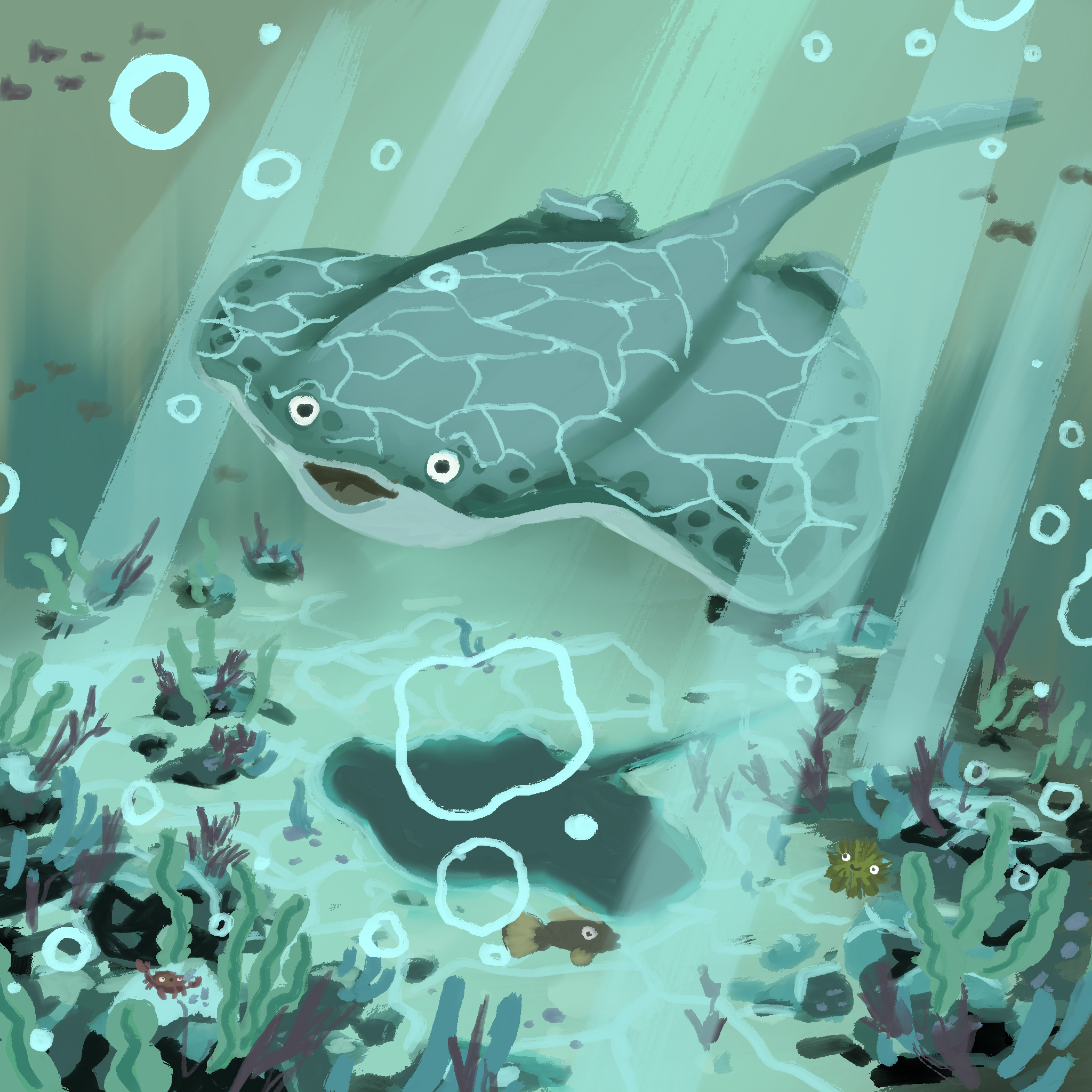 Illustration of a silly looking Stingray floating underwater. There is lots of underwater plants, bubbles and tiny sea creatures!