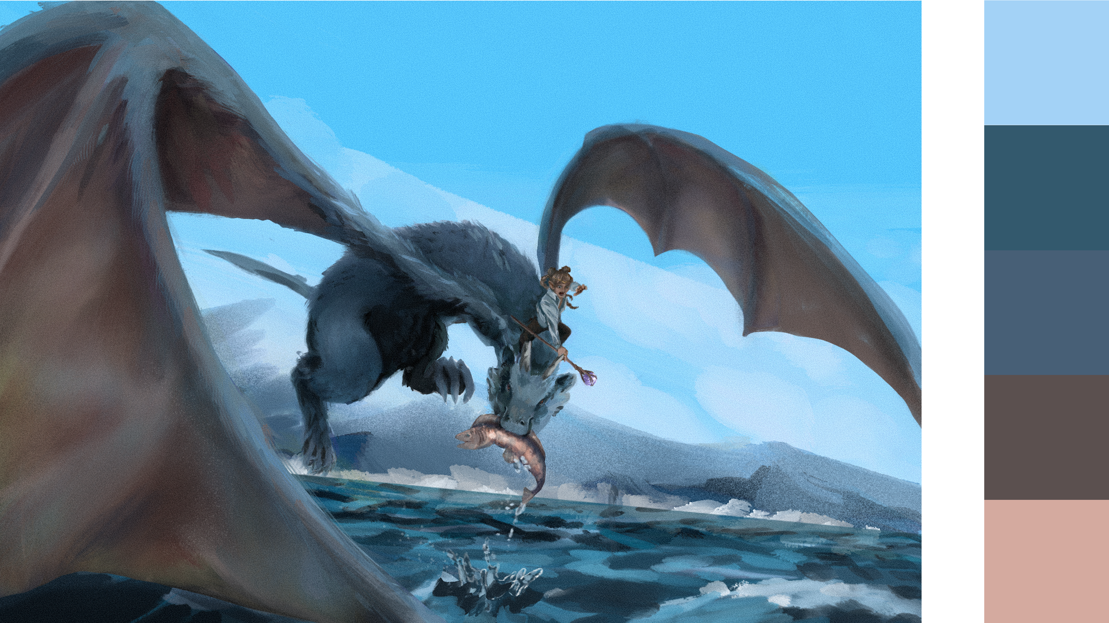 A girl in a white shirt looks surprised as the blue dragon she is riding suddenly darts down to catch a fish that it is hungrily holding in its mouth.
